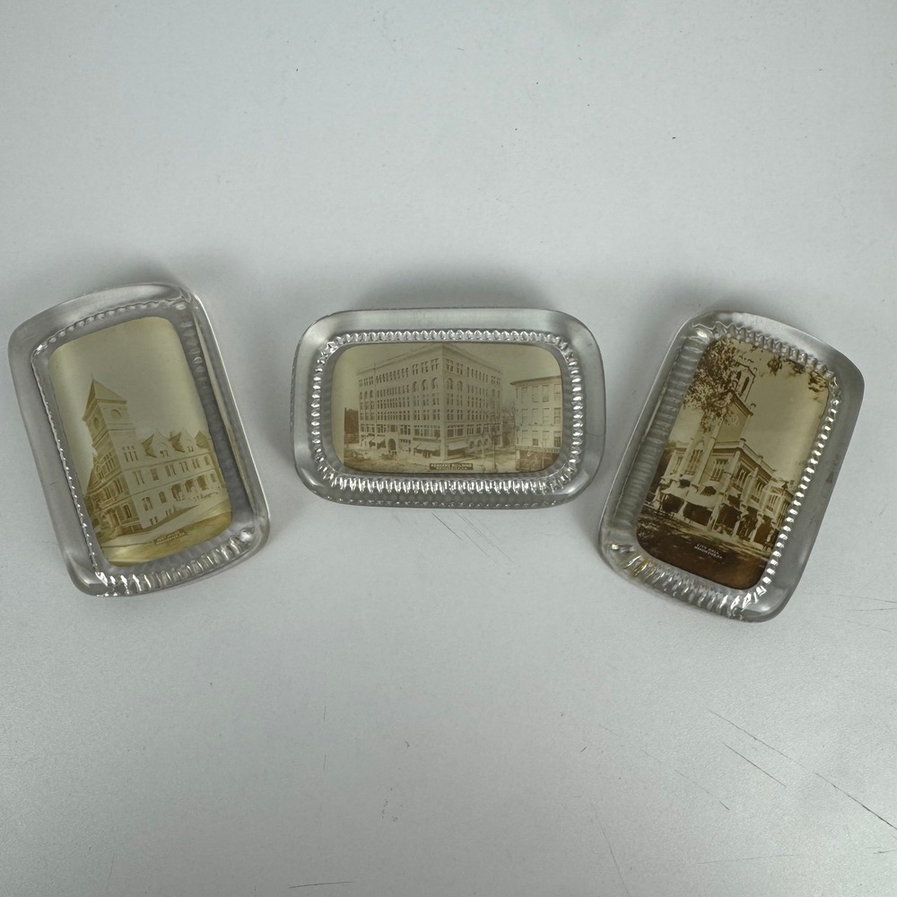 Vintage Manchester NH Glass Paperweight Tray Set Post Office Kennard‎ City Hall